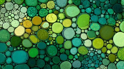 Vibrant abstract cellular pattern with overlapping green and yellow circular shapes resembling organic bubbles, ideal for scientific, artistic, and nature-inspired design projects. 