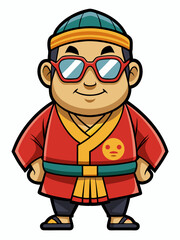 colorful illustration of a cartoon japanese man mascot with traditional clothing, isolated on white background
