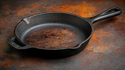 Rusty black cast iron skillet on a weathered surface