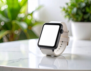 smartwatch with a blank white screen resting on a polished marble table