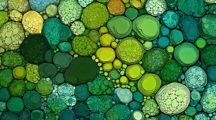 Vibrant abstract cellular pattern with overlapping green and yellow circular shapes resembling organic bubbles, ideal for scientific, artistic, and nature-inspired design projects. 