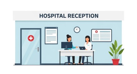 Hospital reception area with staff assisting patients, digital screens displaying information, and plants