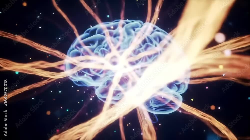 Poster digital representation of a brain with radiating neural pathways.