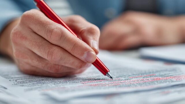 Shot of a technical writer reviewing printed documentation sheets using a red pen to annotate and improve clarity of complex instructions.