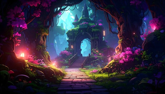 A secret stone gateway bathed in magical neon light, hidden deep within an ancient, enchanted fairy tale forest