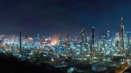 Night industrial complex, refinery, city, illuminated, energy production, panoramic view,  pollution