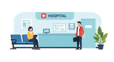 Hospital reception scene with a woman using a tablet and a man with a briefcase waiting