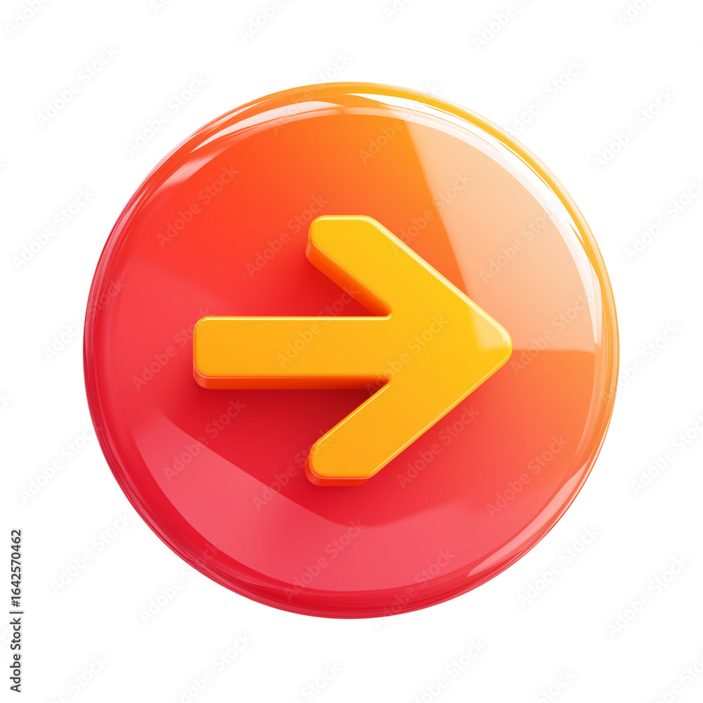 Poster Orange arrow on a red glossy button isolated on transparent background