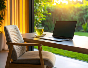 Obraz premium Work from home office setup with laptop tea and garden view in sunshine