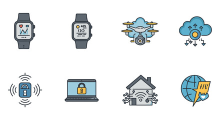 Illustration of smart watches, drone, cloud computing, security lock, laptop, smart home, and globe icon
