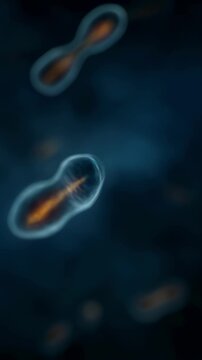 Hightech visualization of pathogenic cells with pulsating energy streaks highlighting abnormal chromosome fusion impact.