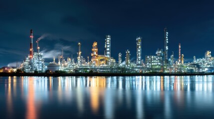 Night view of illuminated refinery reflecting on water