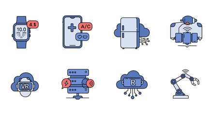 Illustration showcasing various smart devices and appliances connected to a network or cloud system design