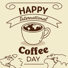 Happy International Coffee Day graphic with world map latte art.