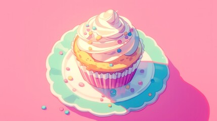 Colorful cupcake with swirled frosting, placed on a decorative plate, vibrant pastel background, perfect for dessert-themed projects.