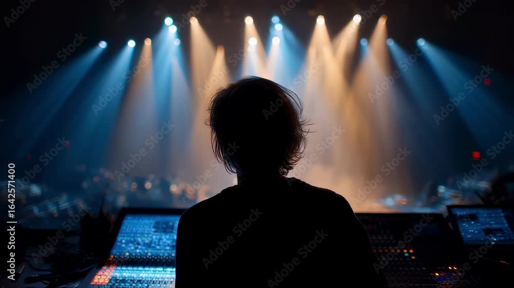 Poster theater lighting designer collaborating with director analyzing light plots and adjusting beam inten