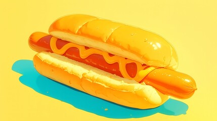 Colorful hot dog on a bright background, vibrant yellow bun with toppings, perfect for food-related themes or promotions.