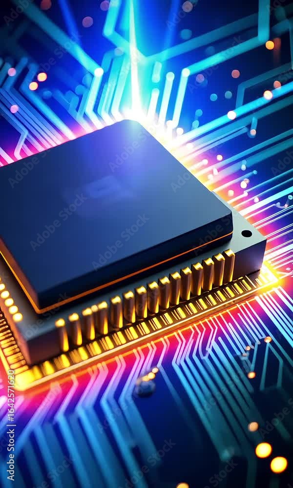 Poster advanced digital cpu in glowing circuitry
