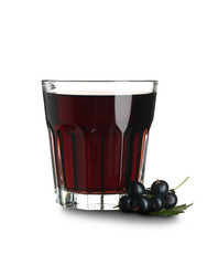 Glass of fresh black currant juice and berries on white background