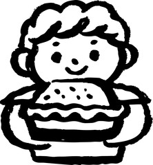 Cute, simple black and white illustration of smiling person holding pie with wavy crust and dotted filling, conveying sense of warmth and homemade comfort