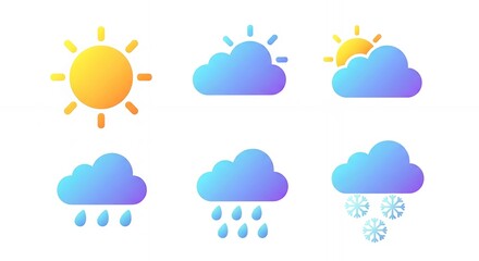 Obraz premium Illustration weather icon set featuring sun, clouds, rain and snow elements, concept for weather forecast, weather app and presentation slide