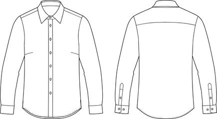 Flat vector CAD drawing of classic men’s formal shirt, long sleeve, front buttons, cuff detail, collar design, and back yoke