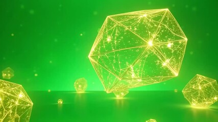Glowing geometric shapes dynamically floating on a vibrant green surface, abstract and modern - Powered by Adobe