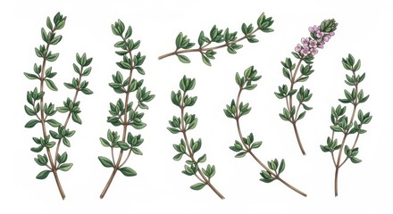 Detailed illustration of thyme sprigs showcasing various stages of growth with delicate flowers, ideal for botanical studies