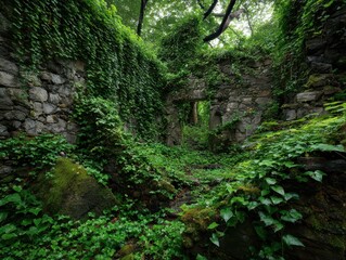 Obraz premium Overgrown stone ruins in lush forest; nature reclaiming lost architecture