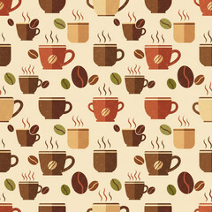 Obraz premium Coffee beans and mugs pattern, vintage flat design, seamless repeat