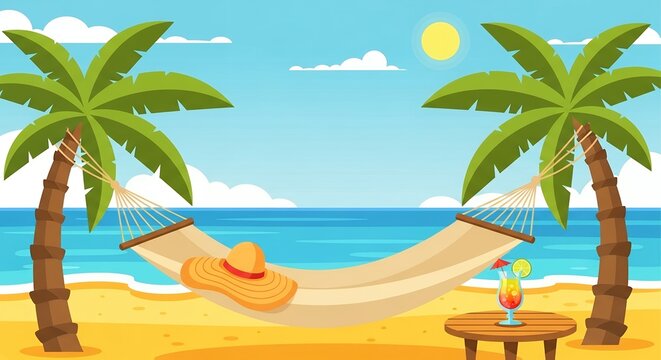 A beach scene with hammock between palm trees, sun, hat and cocktail. Concept for summer vacation, tropical getaway and relaxation retreat