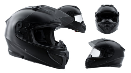 Four angles of a black motorcycle helmet with clear visor on white