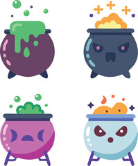 Four Halloween cauldrons with bubbling potions witch magic