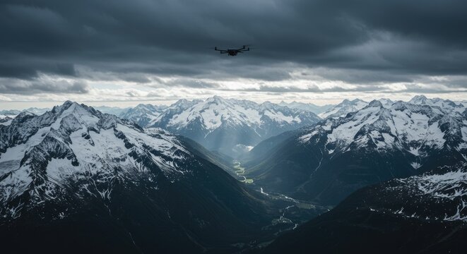 Drone surveys vast, snow-capped mountain valley under dramatic, stormy skies