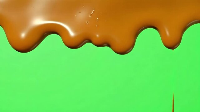 Delicious caramel sauce dripping down smoothly against vibrant green screen backdrop