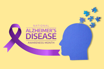 Purple ribbon and puzzle pieces symbolize Alzheimer's awareness
