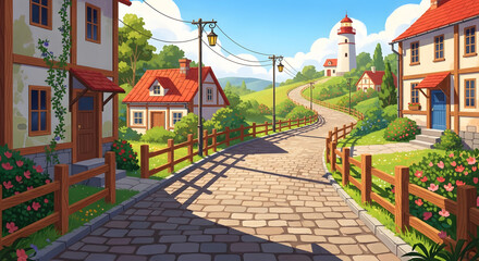 Fototapeta premium Quaint Village Street with Red Roofs and Distant Lighthouse