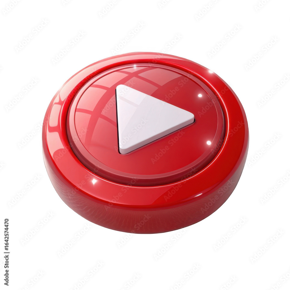 Poster shiny red play button icon isolated on transparent background
