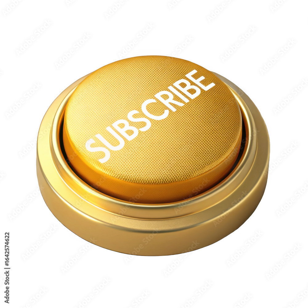 Poster golden subscribe button with textured surface isolated on transparent background