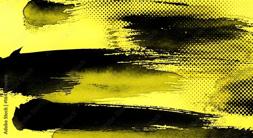 Poster bold abstract yellow and black ink splash with distressed halftone pattern creates dynamic energetic