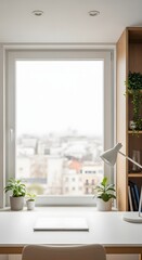 Bright, minimalist workspace featuring a white desk, laptop, plants, and a view of the city through a large window.