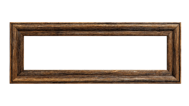 Rectangular wooden picture frame with textured dark wood and clear space