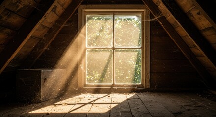 Dusty Attic Window: Sunbeams, Cobwebs, and Forgotten Treasures.
