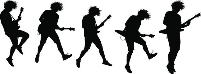 Dynamic rock star silhouettes playing electric guitars, captured in energetic and jumping poses, perfect for illustrating live music, concerts, and passionate performances, isolated on white