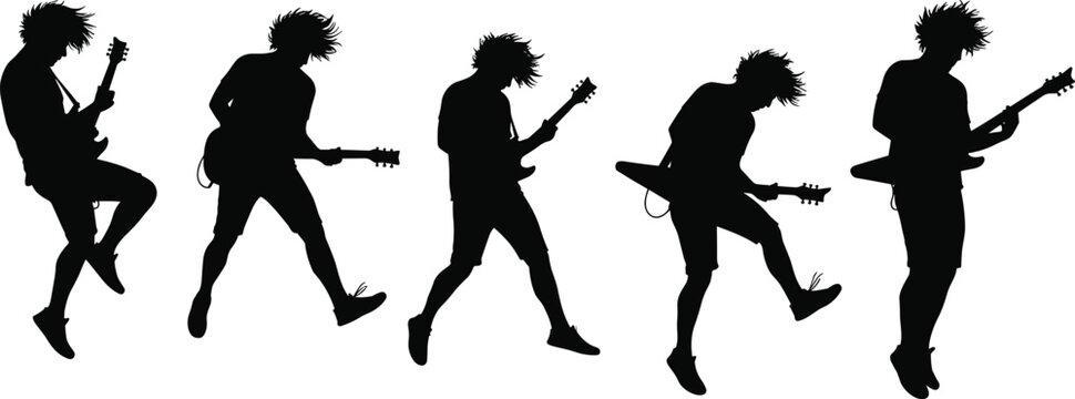 Dynamic rock star silhouettes playing electric guitars, captured in energetic and jumping poses, perfect for illustrating live music, concerts, and passionate performances, isolated on white