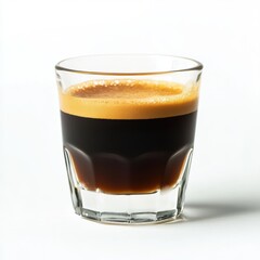 Shot of espresso in a glass cup, close up, isolated on white background.