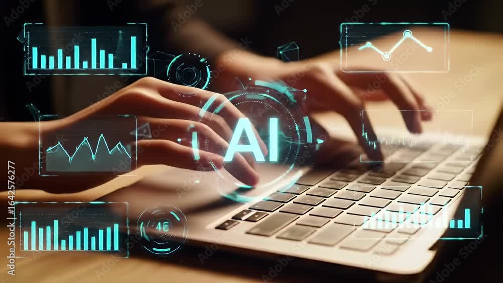 Poster hands typing on laptop with holographic artificial intelligence interface displayed on a wooden tabl