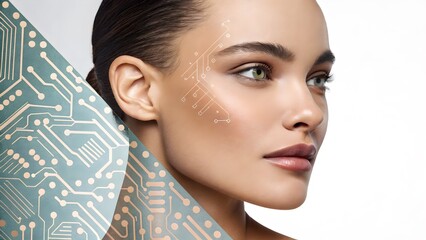 Split-face microcircuit paint merged with natural skin—beauty-tech concept