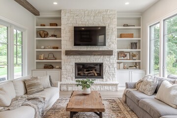 Fototapeta premium Farmhouse living room with white stone fireplace wall, built-in shelves, rustic coffee table, and cozy home interior decor