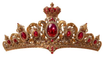 Ornate golden tiara with deep red gemstones